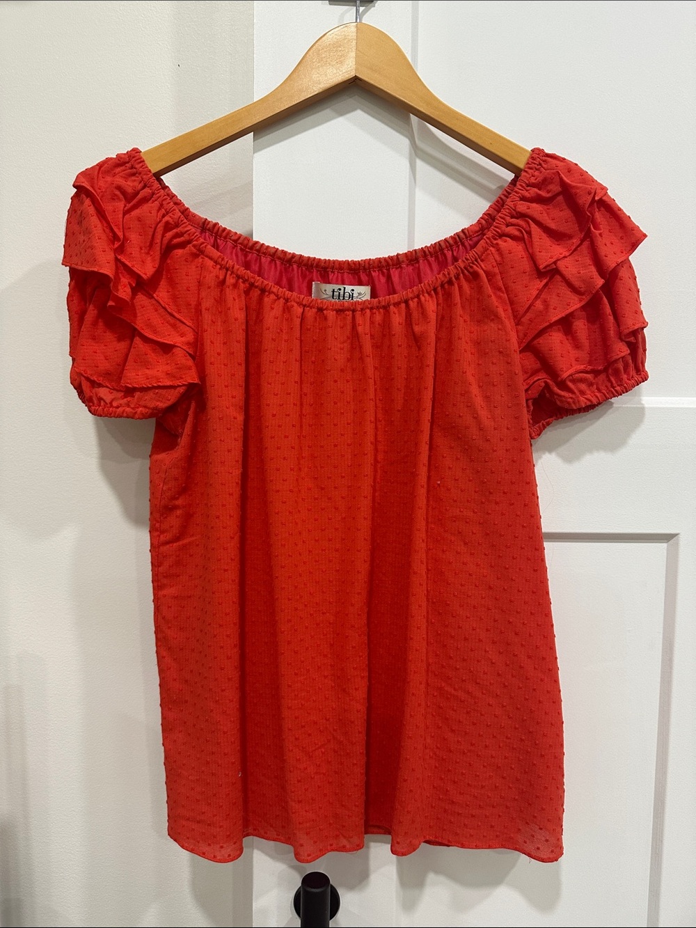 Tibi Red/Orange Swiss Dot Ruffle Sleeve Blouse